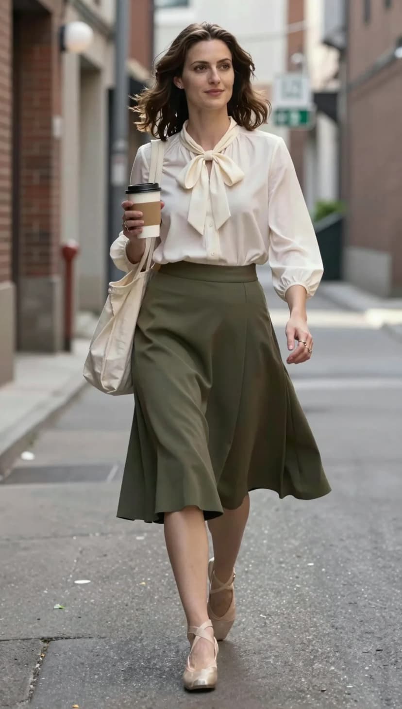 Cream Pussy Bow Blouse + Olive Midi Skirt + Nude Ballet Flats