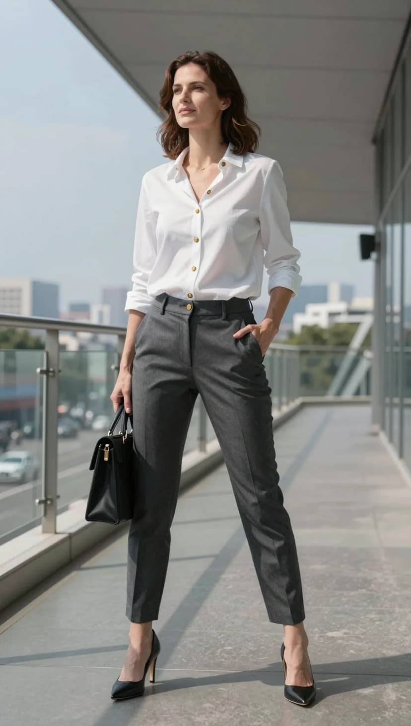 White Button-Down Shirt + Grey Wool Trousers + Black Leather Heels