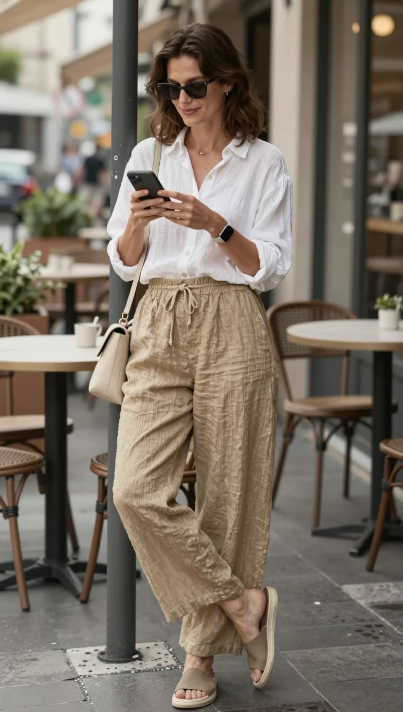 White Linen Button-Down Shirt + Beige Gauze Wide-Leg Pants + Taupe Slide Sandals