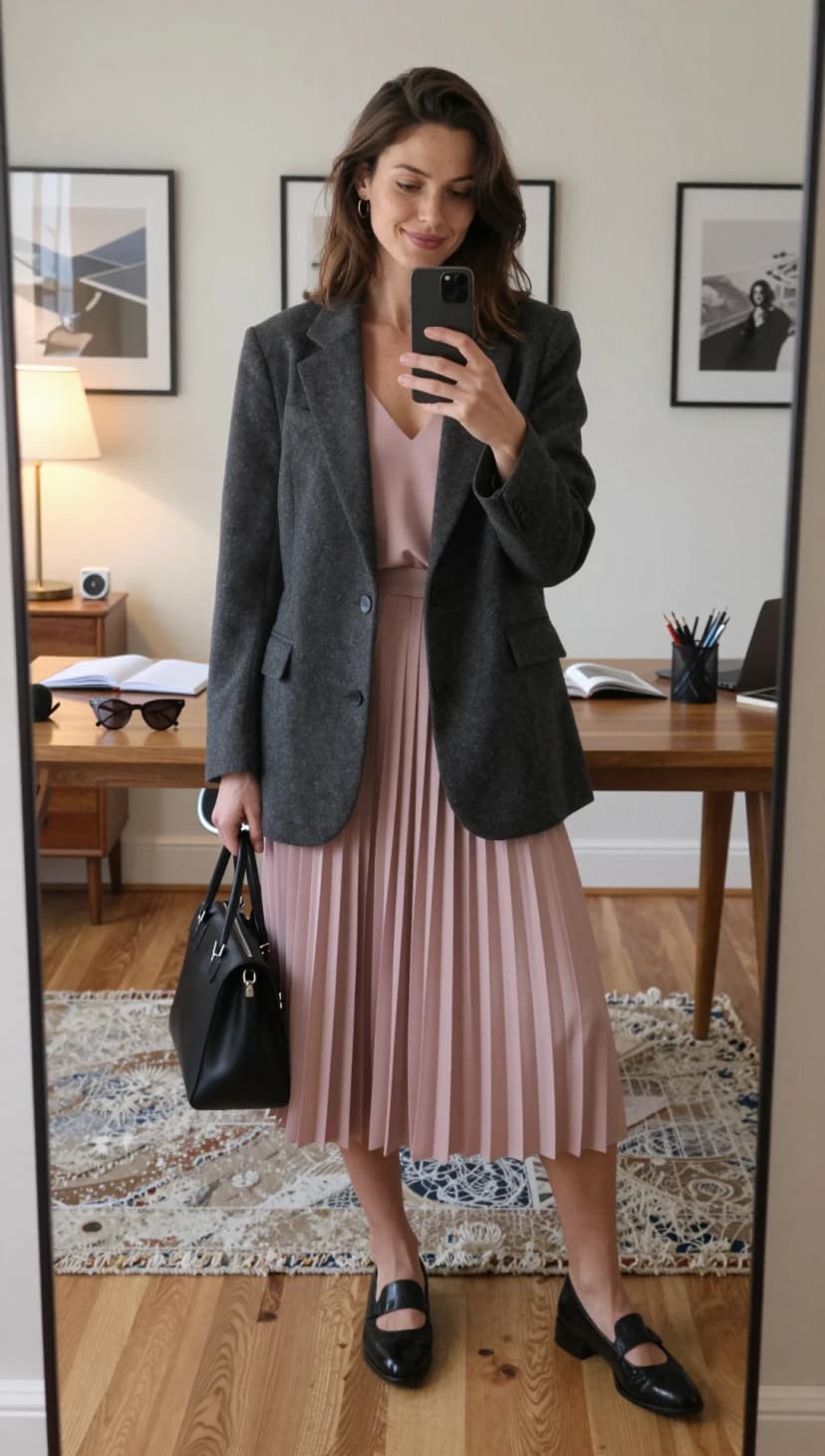 Charcoal Wool Blazer + Dusty Rose Satin Camisole + Dusty Rose Pleated Midi Skirt + Black Leather Loafers