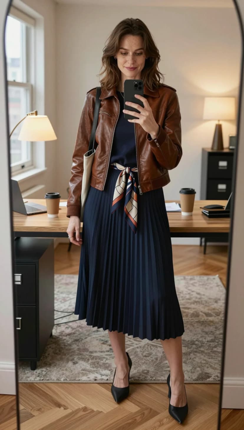 Brown Leather Jacket + Navy Pleated Midi Skirt + Black Pointed Pumps + Silk Scarf