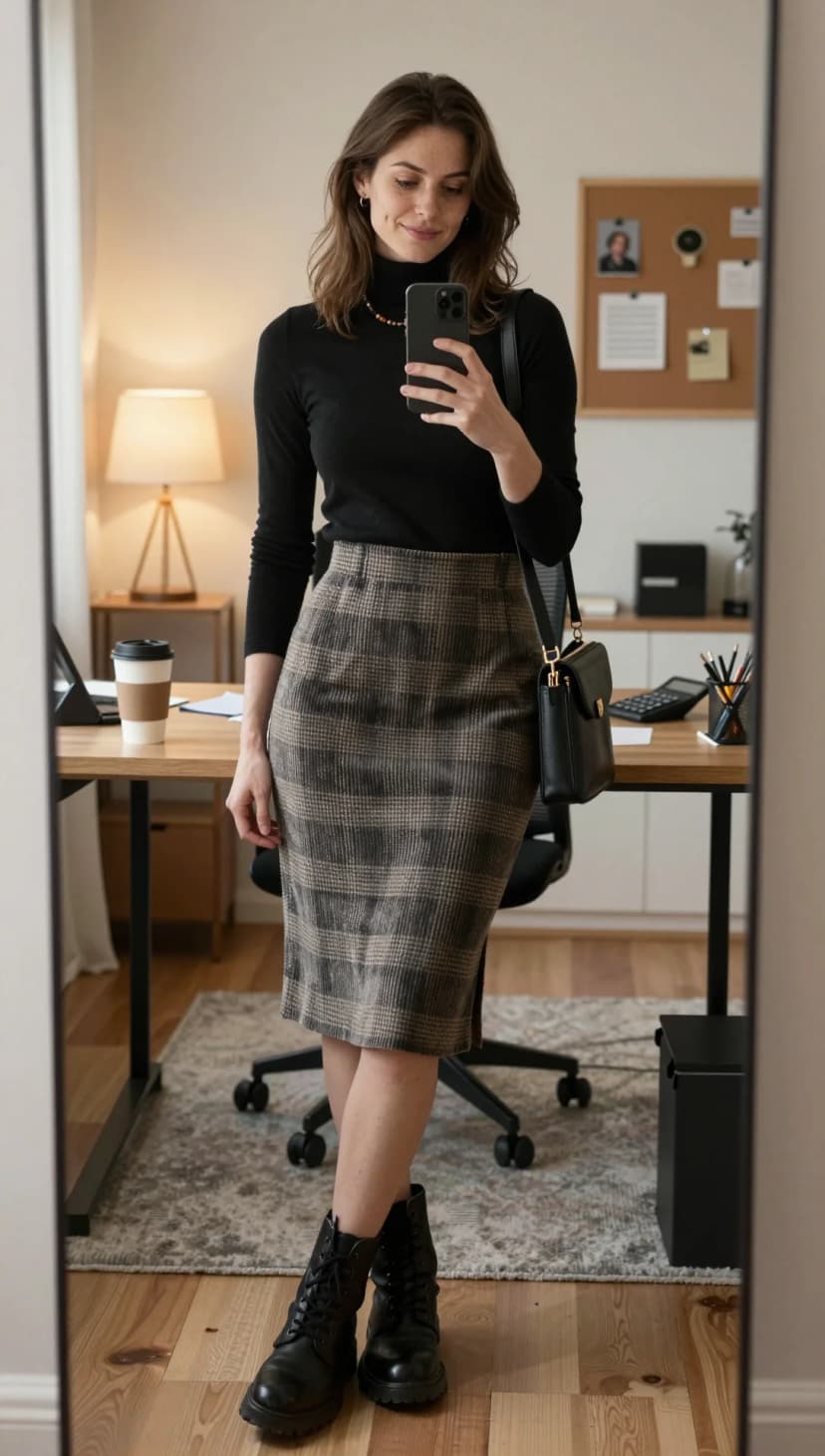 Black Long Sleeve Turtleneck + Plaid Wool Blend Pencil Skirt + Black Leather Boots