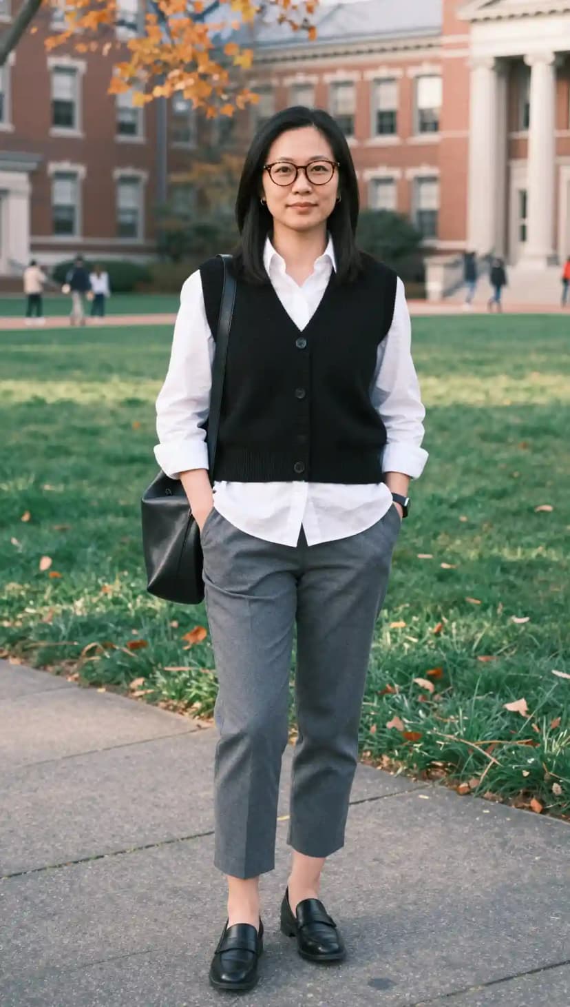 White Cotton Button-Up Shirt + Black Knit Vest + Grey Wool Trousers
