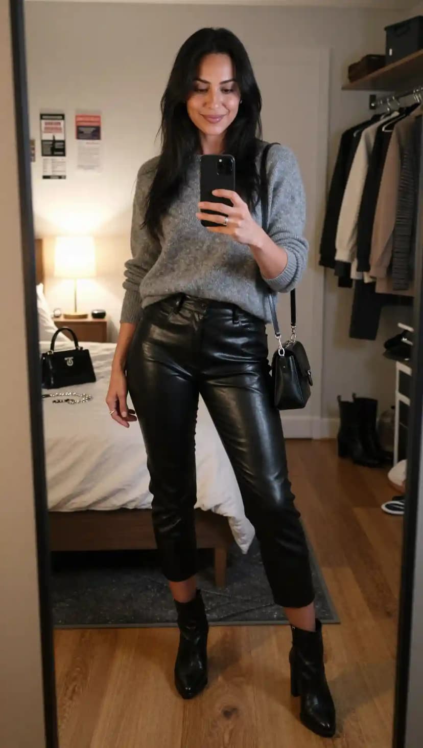 Grey Knit Sweater + Black Faux Leather Capri Pants + Black Pointed Toe Booties