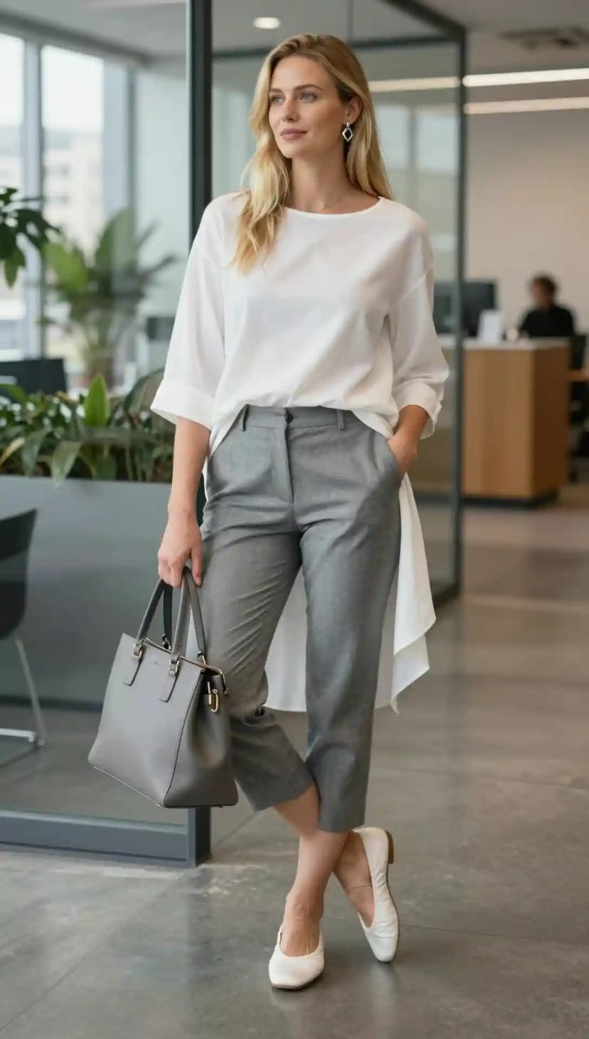 White Cotton Oversized Tunic + Grey Wool Capri Pants + White Leather Flats