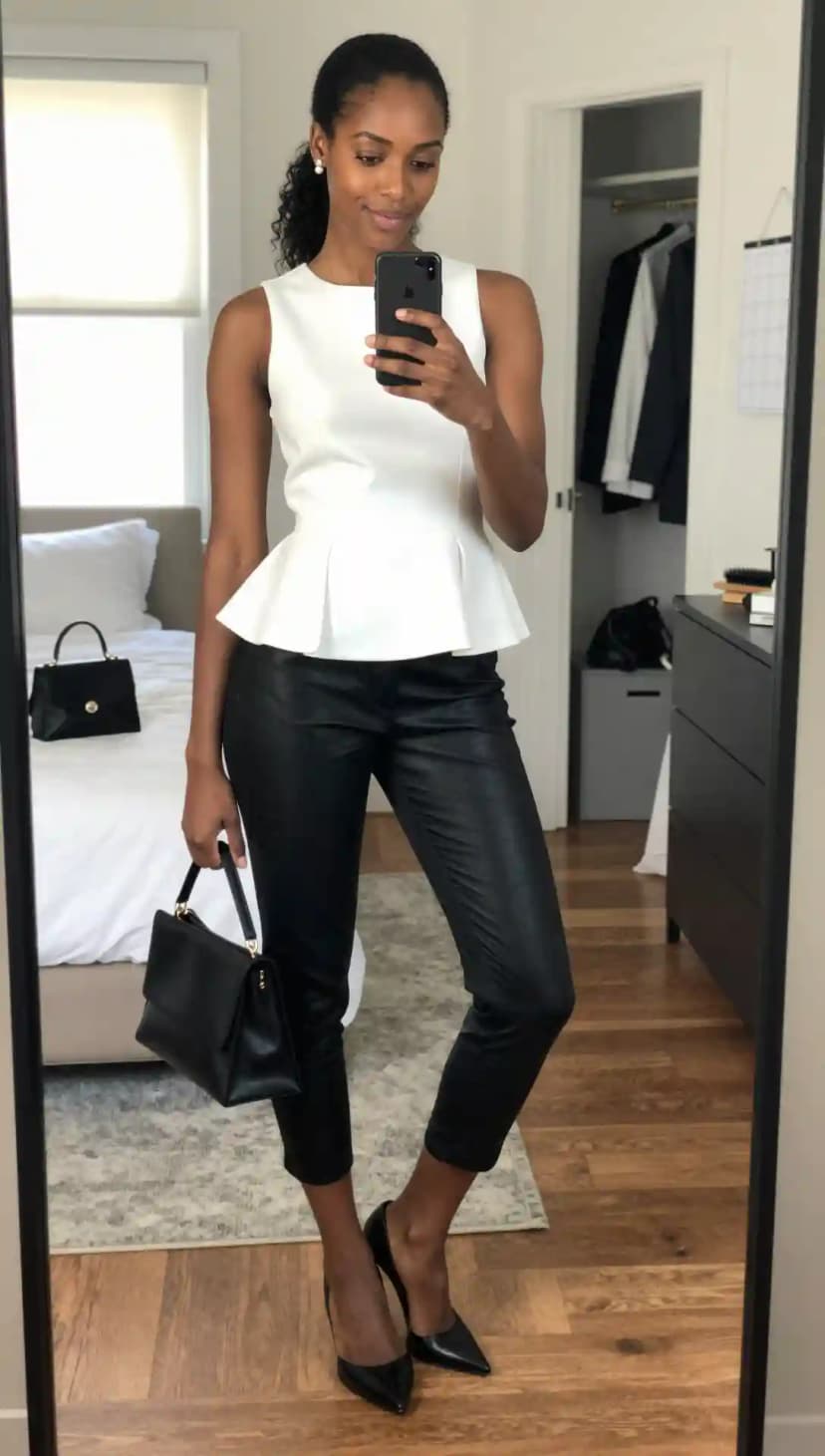 White Peplum Top + Black Faux Leather Capri Pants