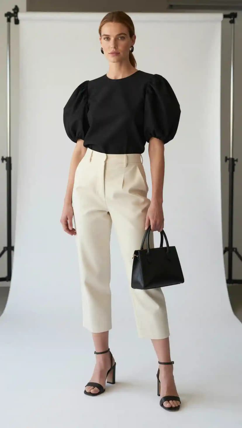 Black Puff Sleeve Top + Cream Cropped Trousers