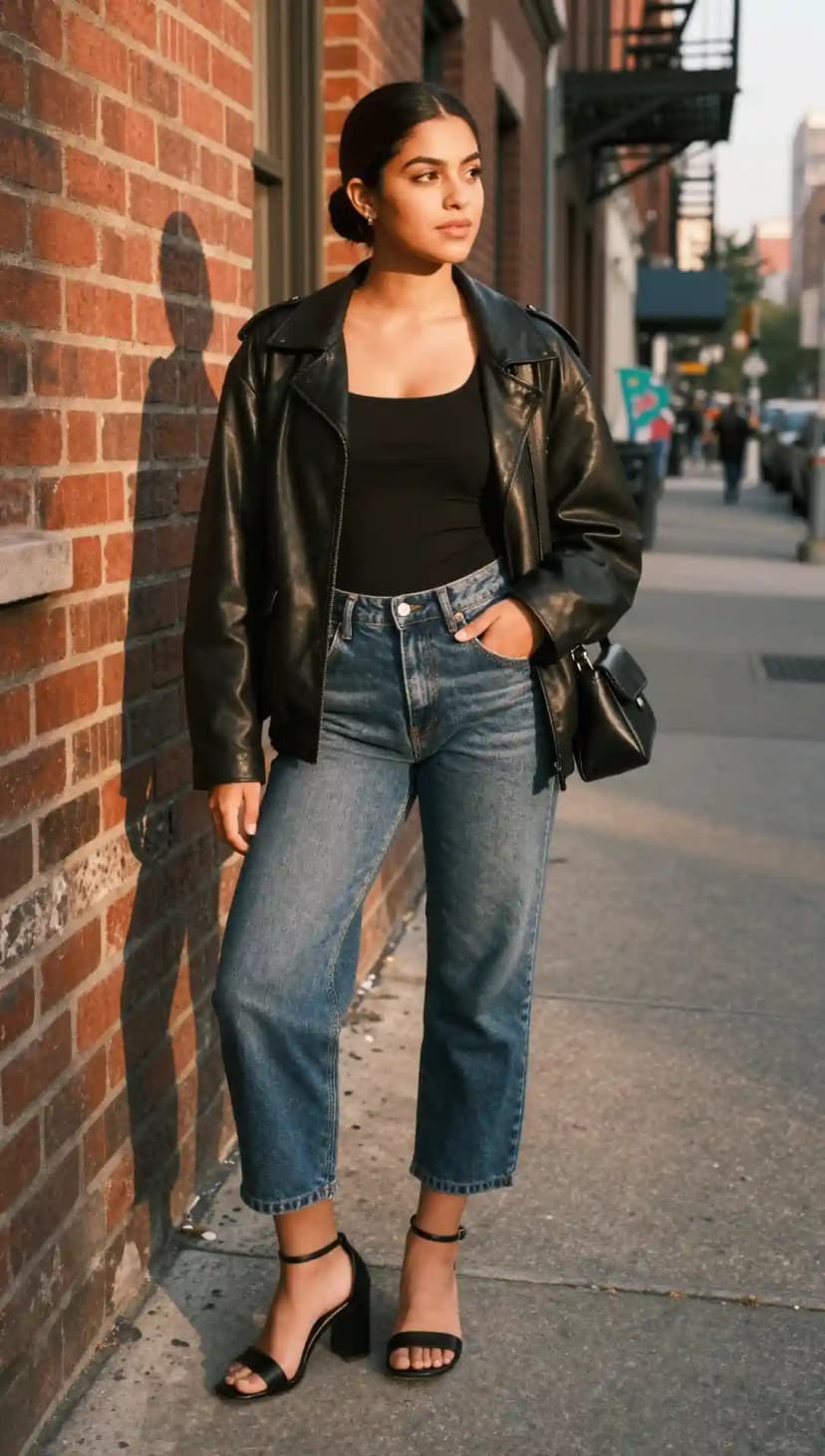 Black Leather Jacket + Black Ribbed Tank Top + Blue Denim Capri Pants