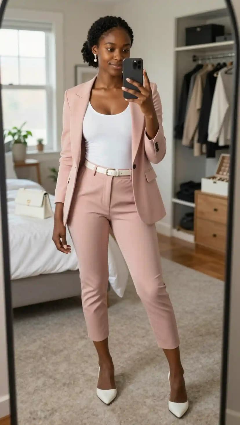 Pink Crepe Blazer + Pink Crepe Capri Pants + White Knit Tank Top