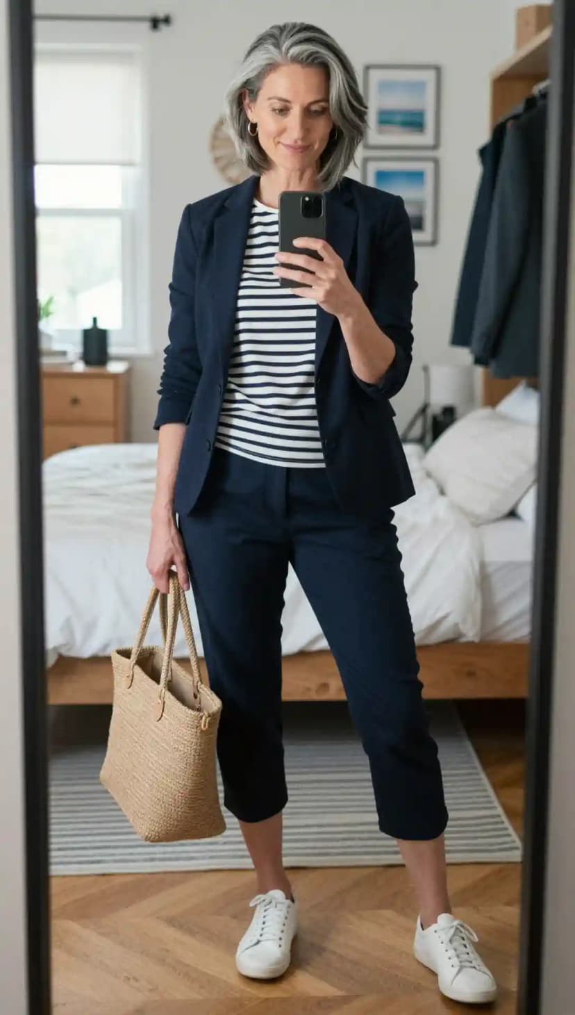 Navy Blazer + White and Navy Striped Cotton T-shirt + Navy Linen Capri Pants