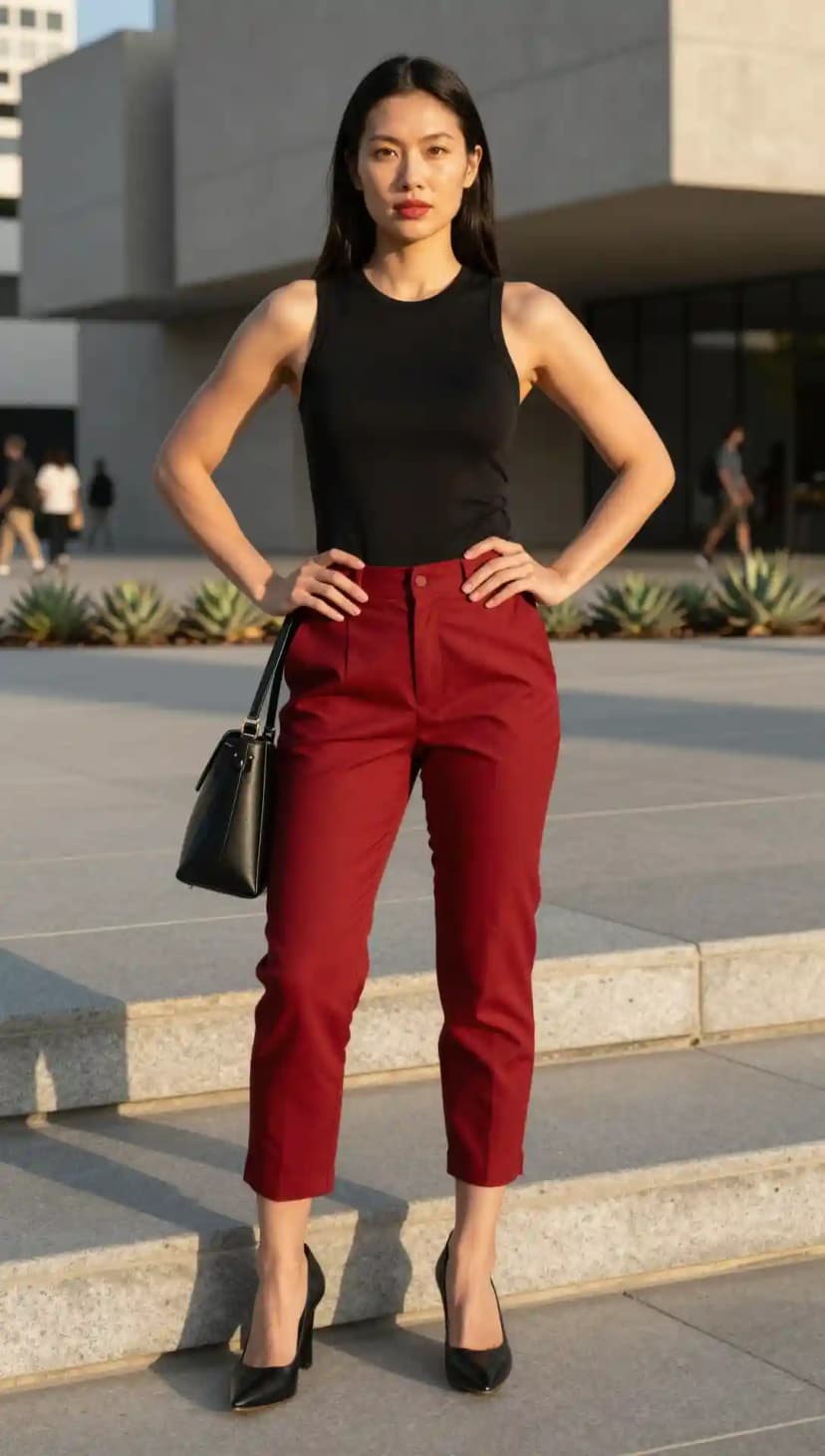 Black Ribbed Tank Top + Burgundy Wool Capri Pants + Black Leather Pumps