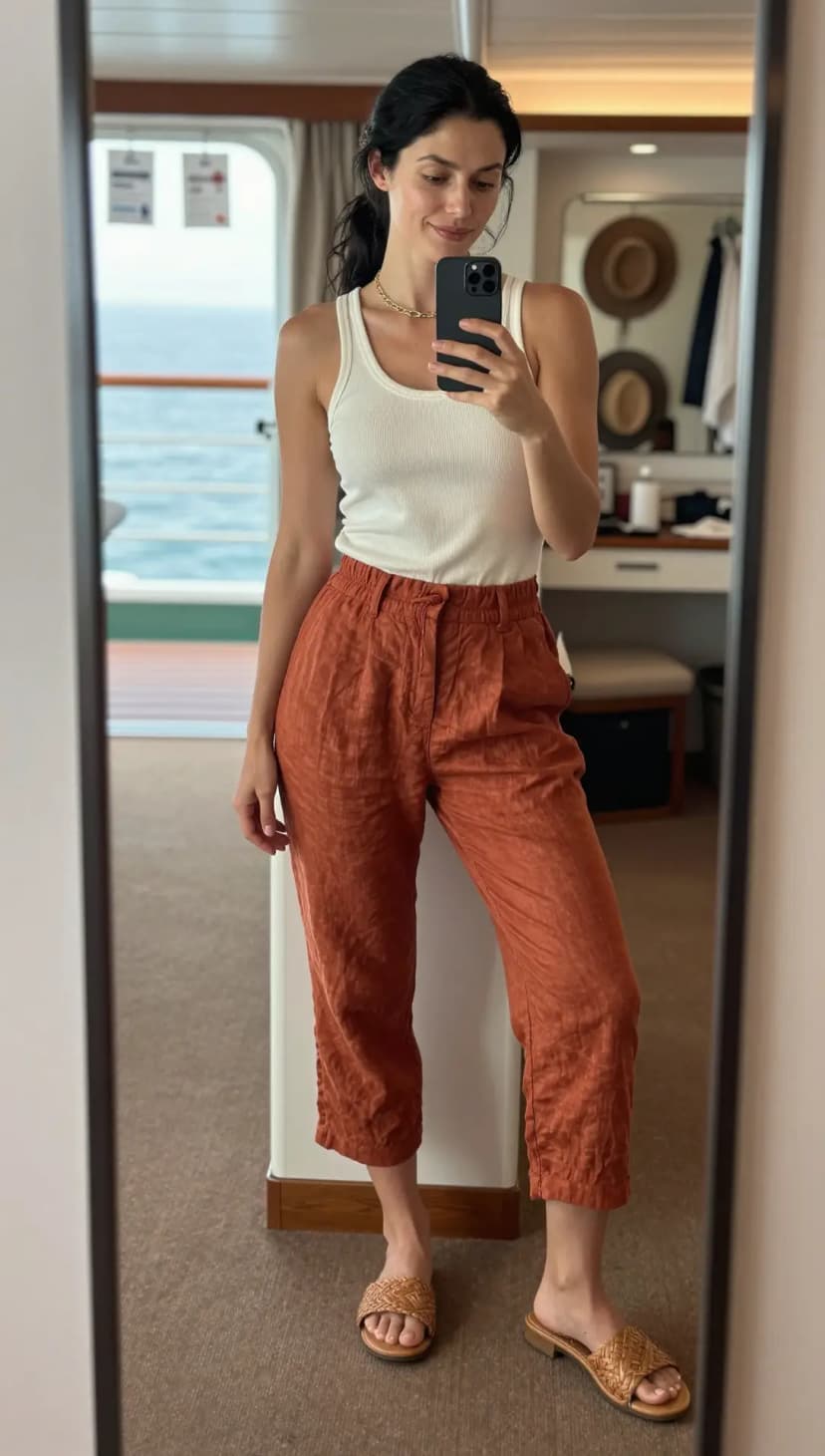 White Ribbed Tank Top + Terracotta Linen Cropped Trousers + Tan Woven Slides