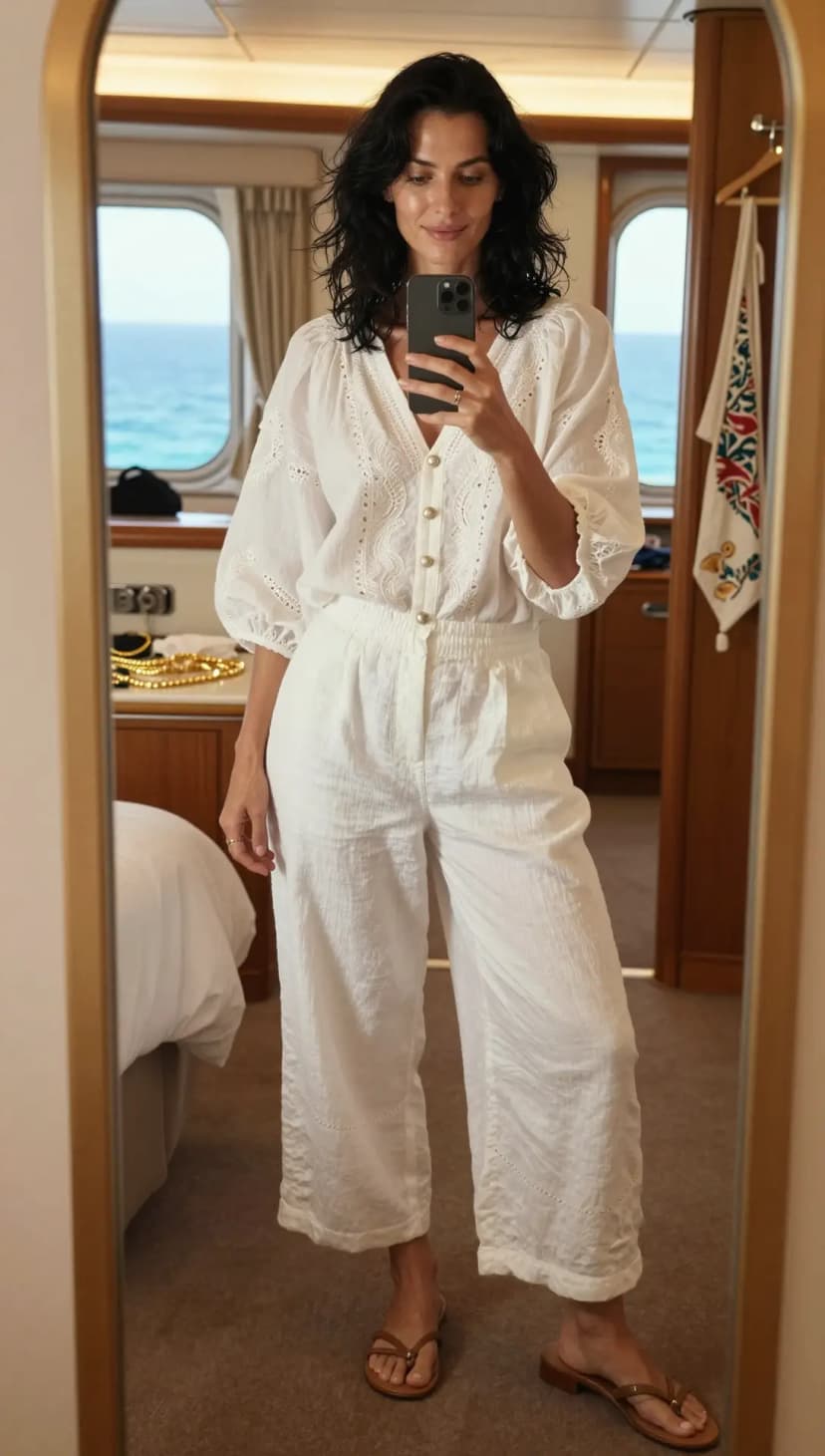 White Broderie Anglaise Blouse + White Linen Wide-Leg Pants + Brown Leather Flip-Flops