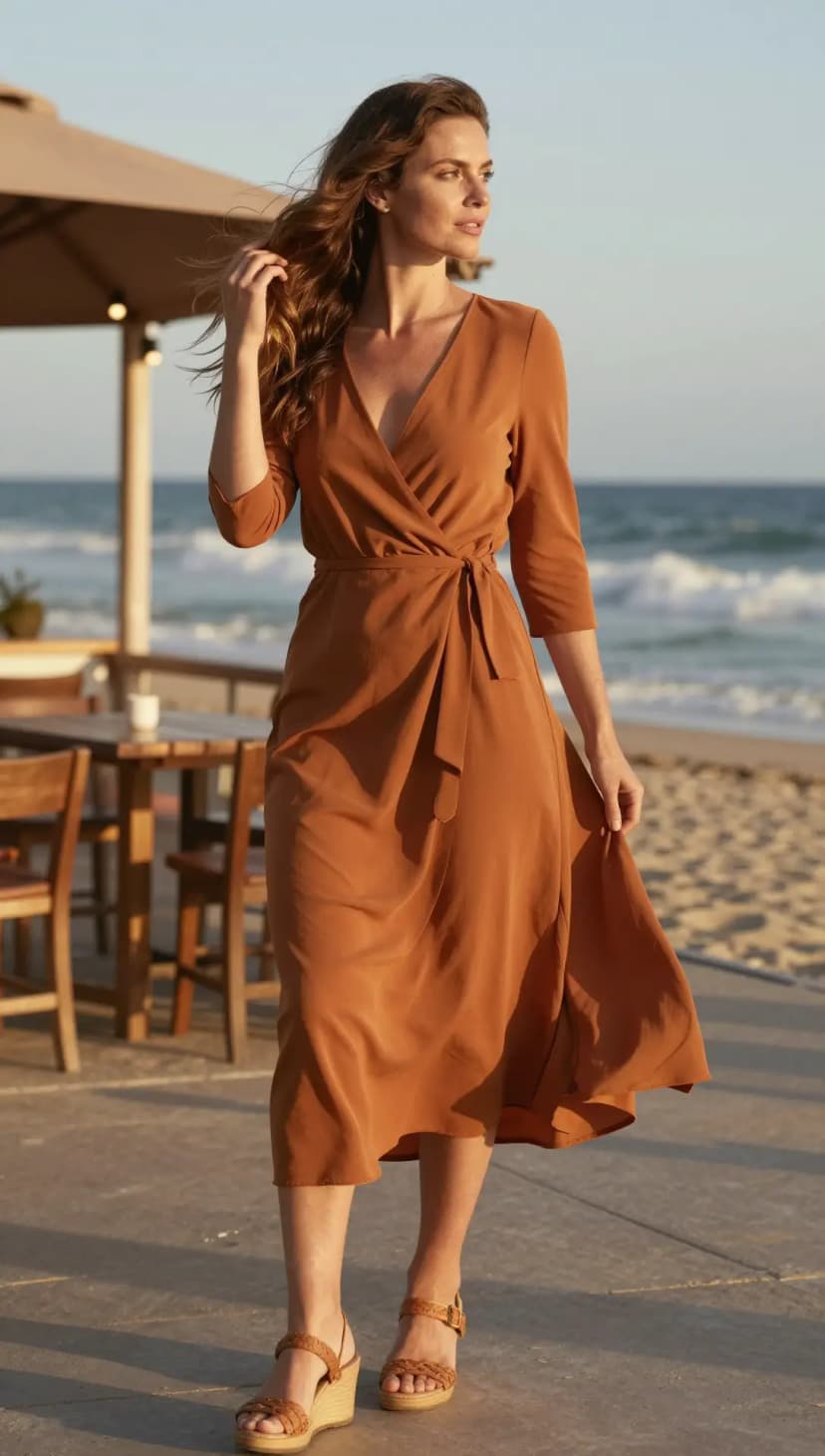 Terracotta Jersey Wrap Midi Dress + Tan Woven Wedge Sandals