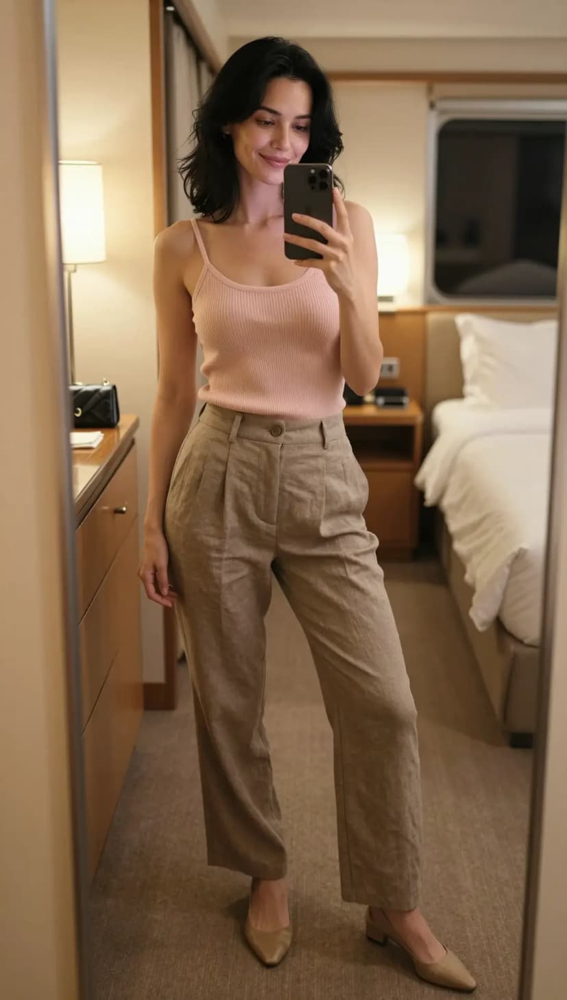 Pink Ribbed Knit Tank + Tan Linen Trousers + Tan Pointed-Toe Heels