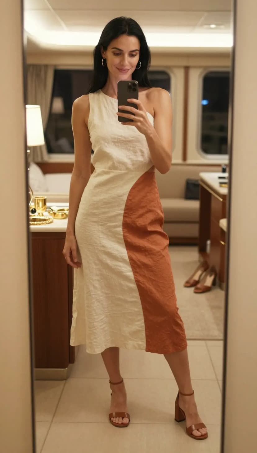 Cream Linen Asymmetrical Dress + Tan Leather Strappy Heels