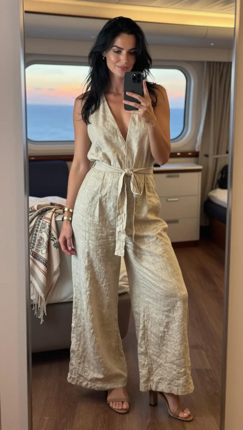 Oatmeal Linen V-Neck Wide-Leg Jumpsuit + Tan Block Heel Sandals