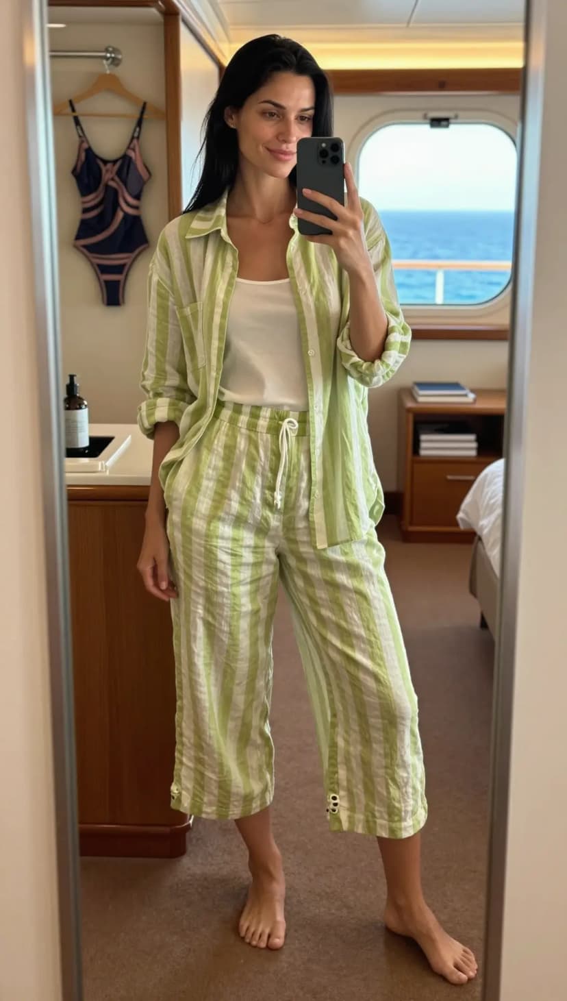 Green Striped Linen Button-Down Shirt + White Tank Top + Green Striped Linen Culottes