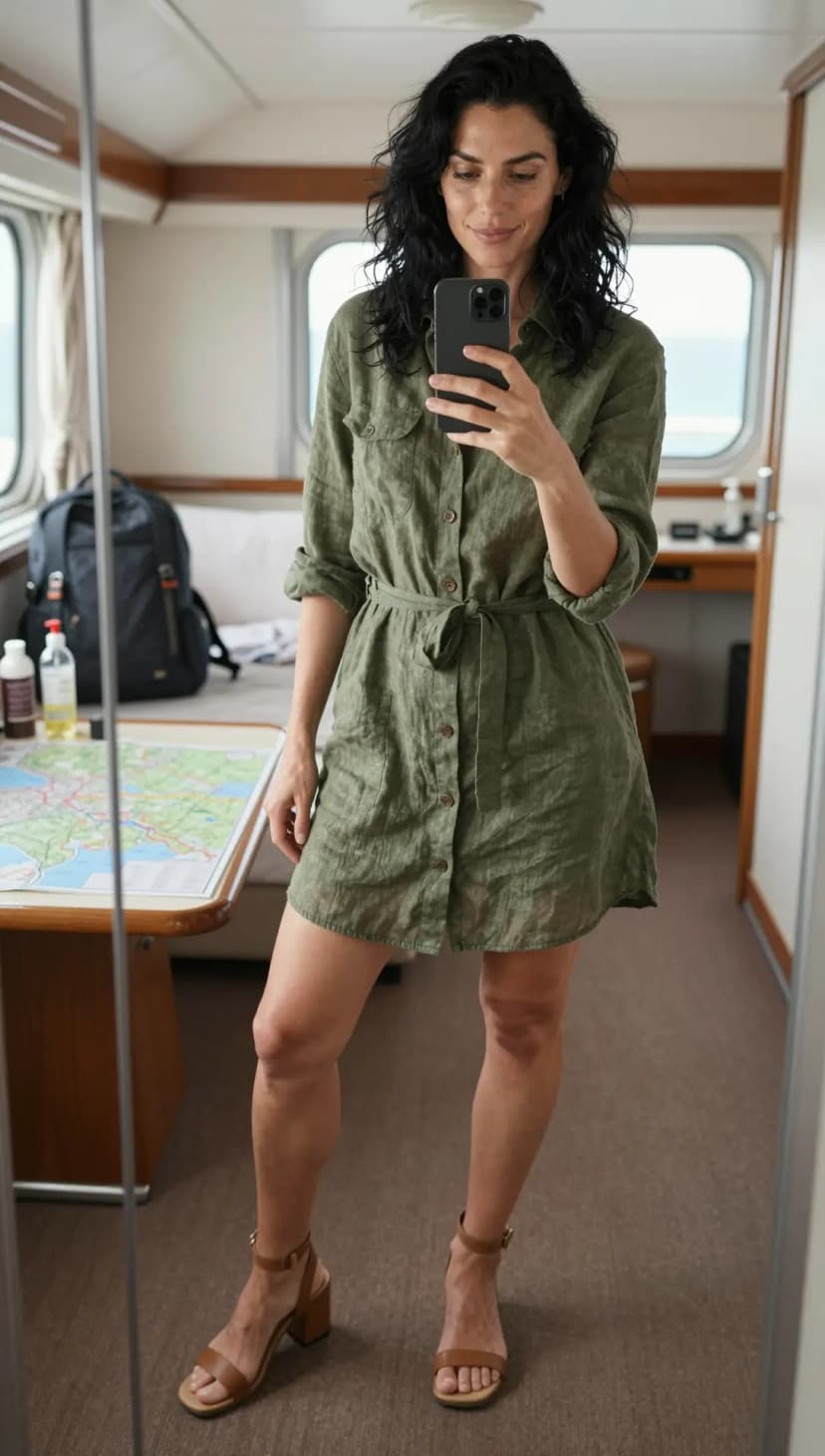 Olive Linen Shirt Dress + Tan Leather Block Heel Sandals