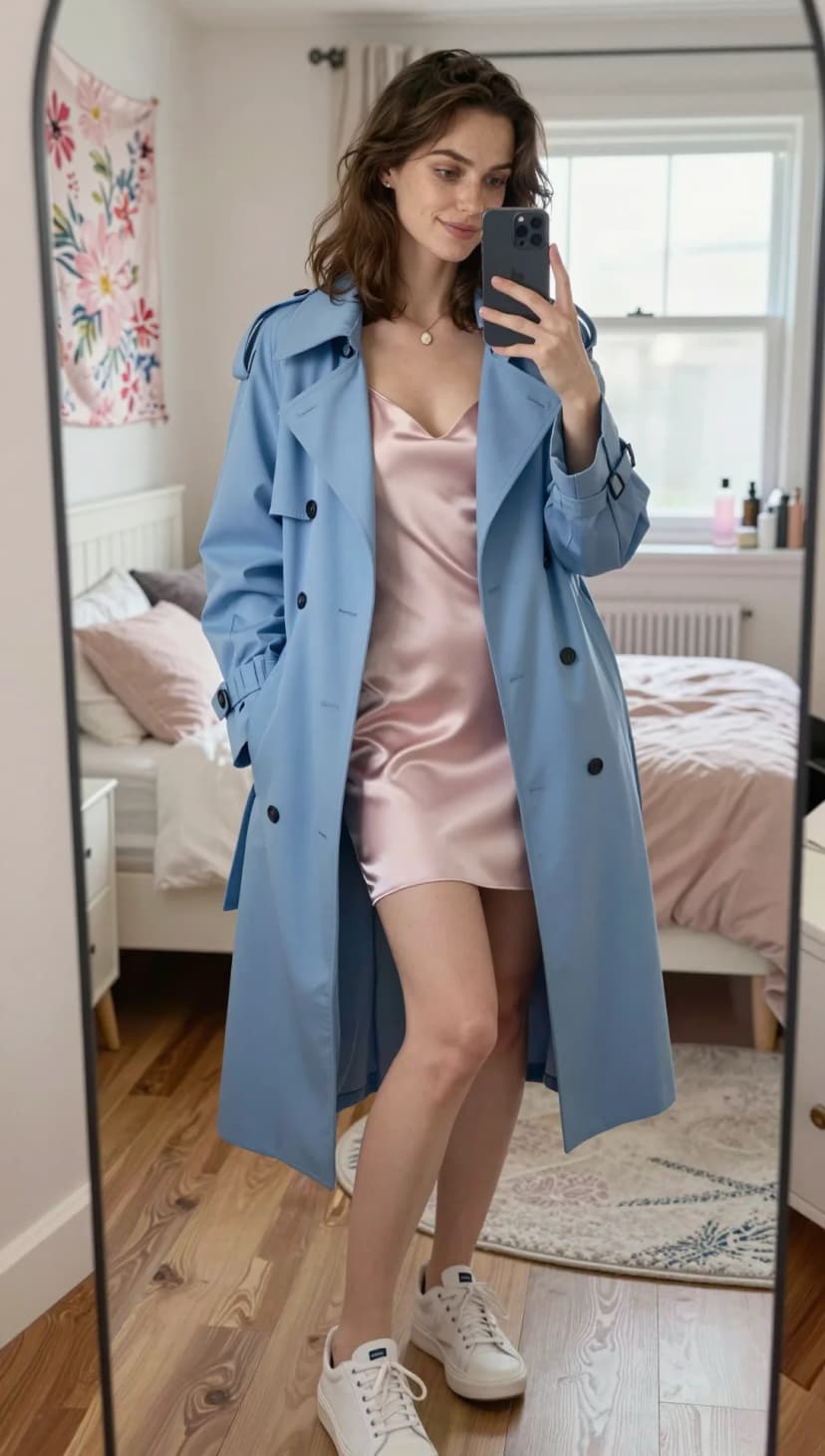 Sky Blue Trench Coat + Pink Satin Slip Dress + White Leather Sneakers