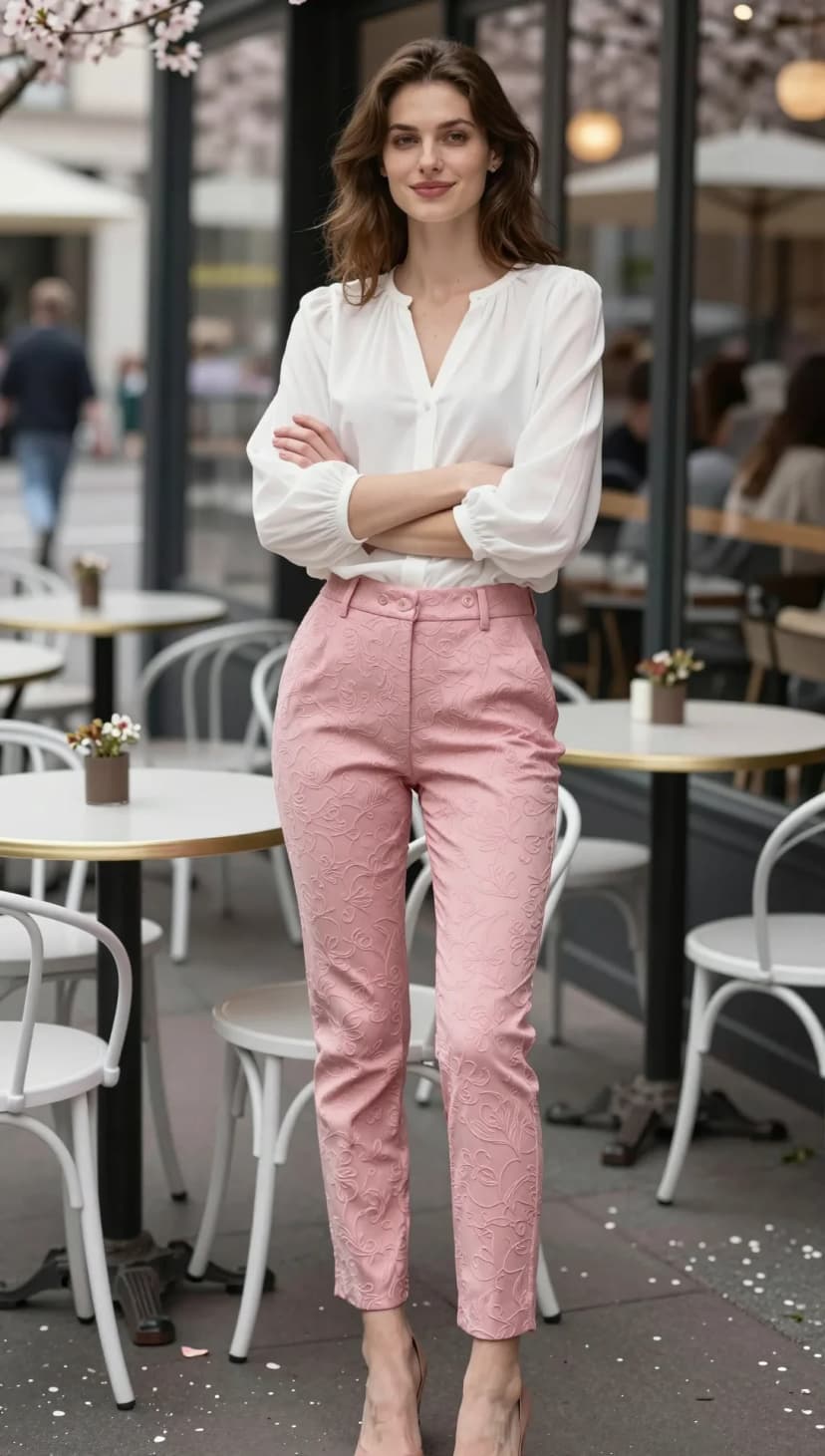 White Button-Down Shirt + Pink Brocade Trousers + Nude Heels