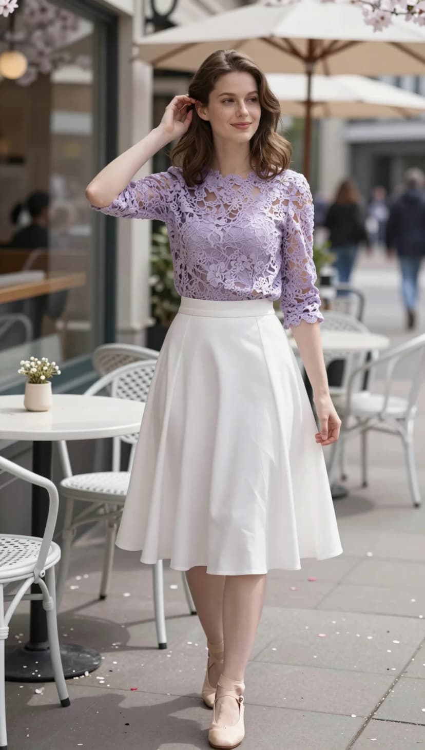 Lavender Lace Top + White Midi Skirt + Nude Ballet Flats