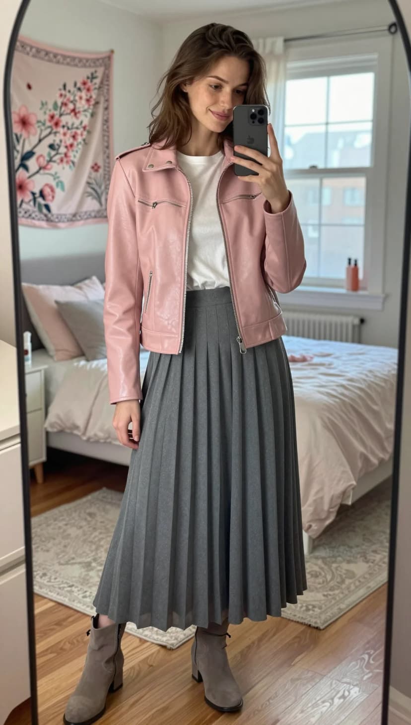 Pink Faux Leather Moto Jacket + White T-Shirt + Grey Pleated Midi Skirt + Taupe Suede Ankle Boots