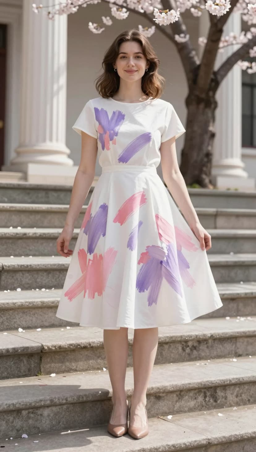 White Abstract Brushstroke Midi Dress + Nude Pointed-Toe Pumps