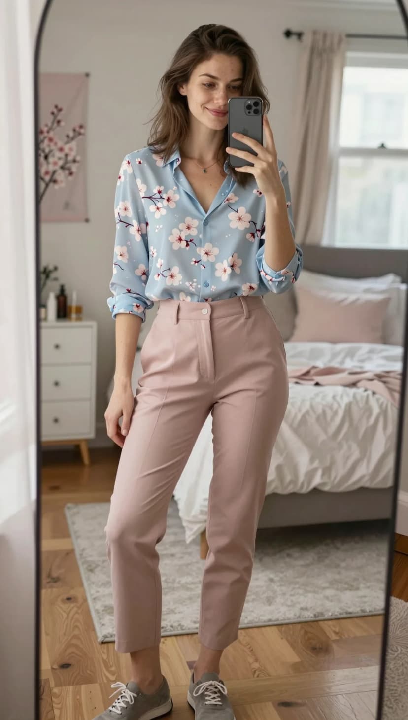 Light Blue Cherry Blossom Print Silk Button-Down + Dusty Rose Tailored Trousers + Grey Suede Sneakers