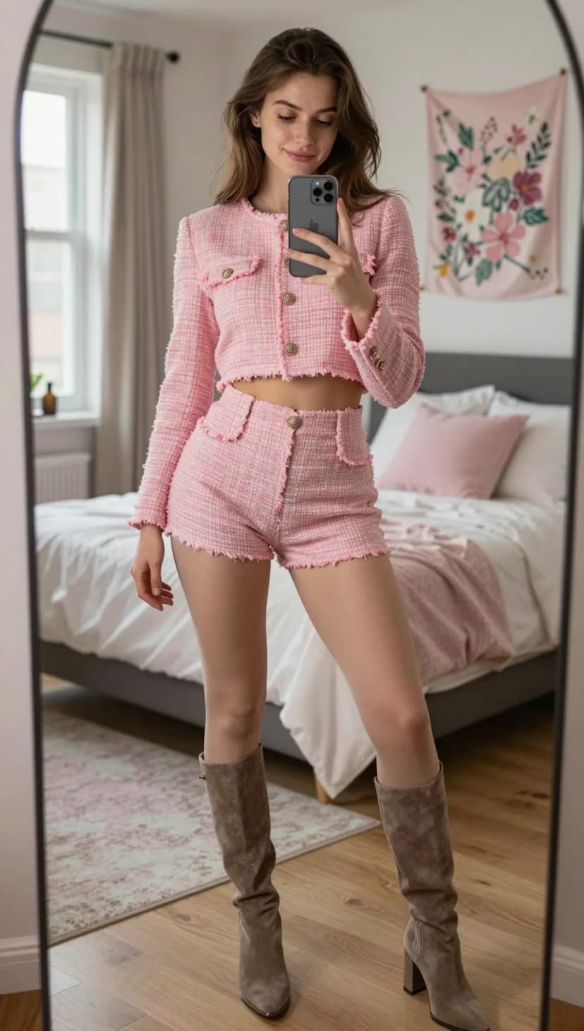Pink Tweed Cropped Jacket + Pink Tweed Shorts + Taupe Suede Boots