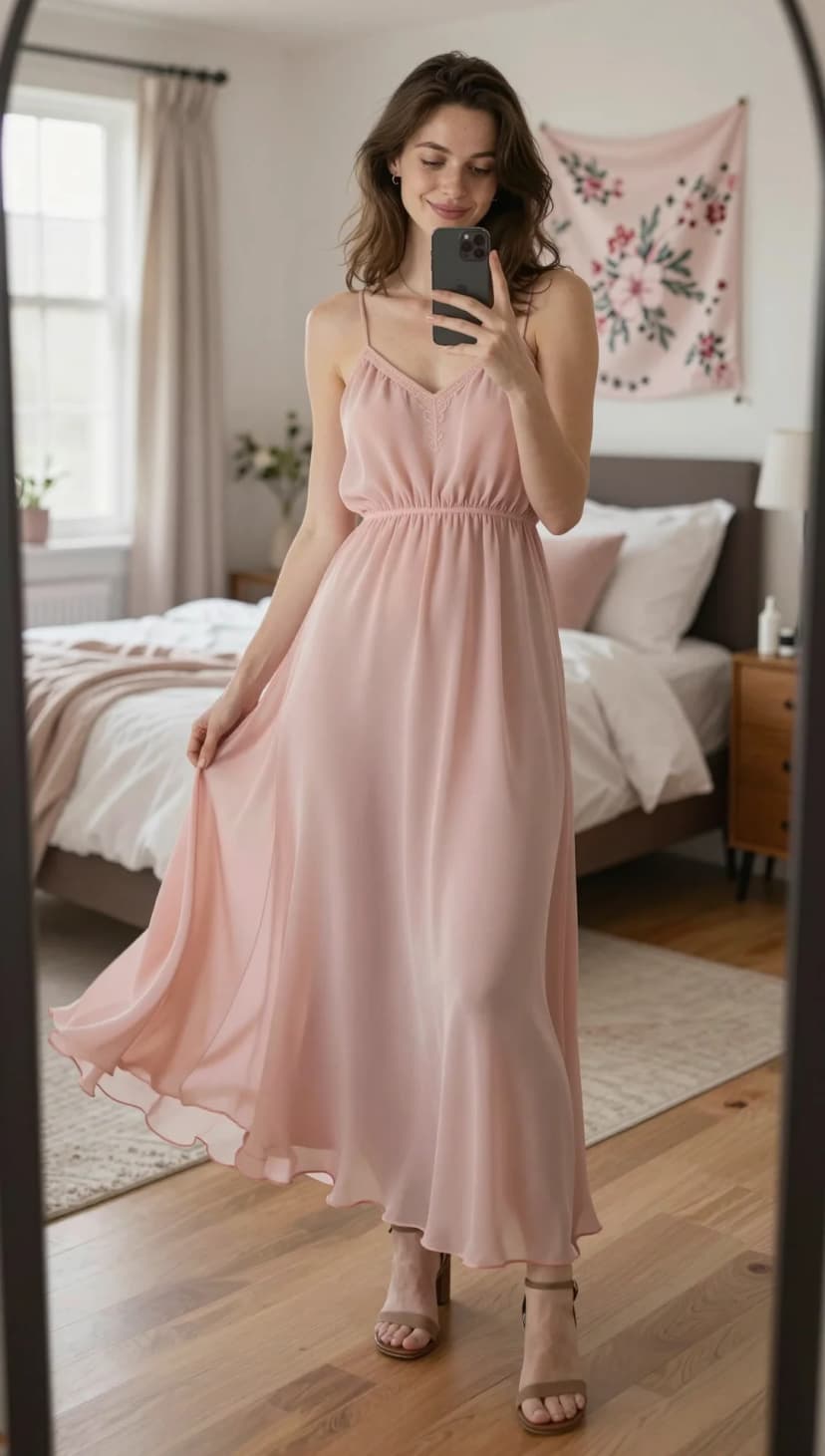 Pink Chiffon Maxi Dress + Taupe Block Heels