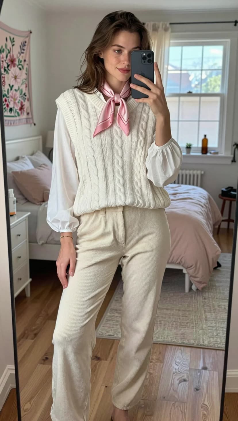 Cream Cable Knit Vest + White Puff Sleeve Blouse + Cream Corduroy Trousers + Pink Silk Scarf