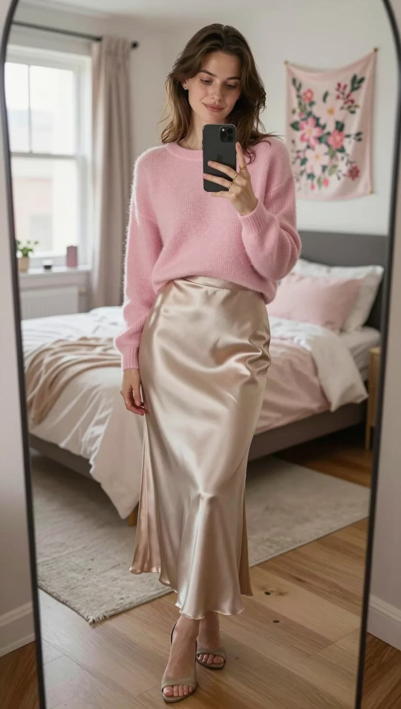 Pink Fuzzy Sweater + Champagne Satin Slip Skirt + Taupe Heeled Sandals