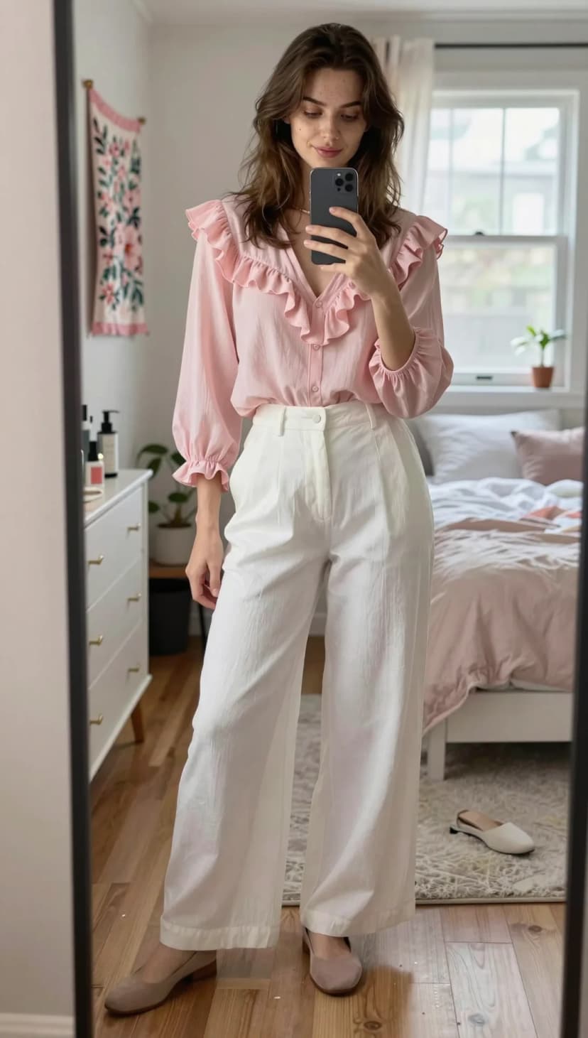 Pink Ruffled Blouse + White Wide-Leg Trousers + Taupe Flats