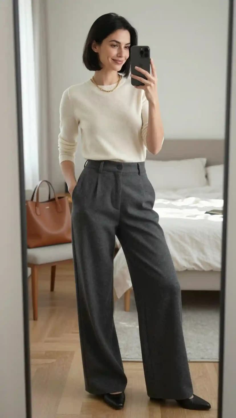 Cream Crewneck Sweater + High-Waisted Charcoal Pleated Wide-Leg Trousers