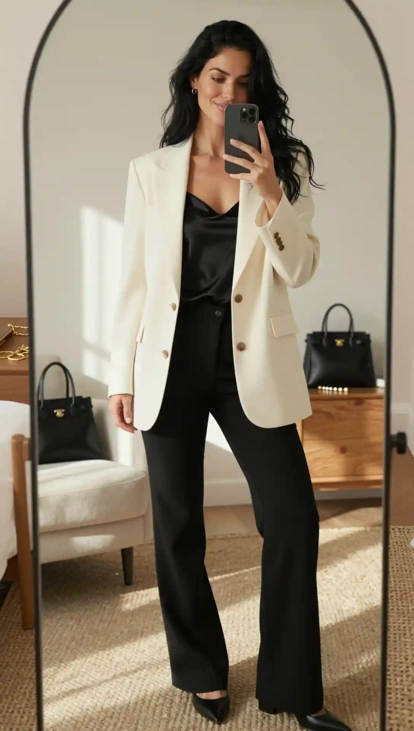 Structured Cream Blazer + Fluid Black Satin Camisole base & matching Black Wide-Leg Trousers