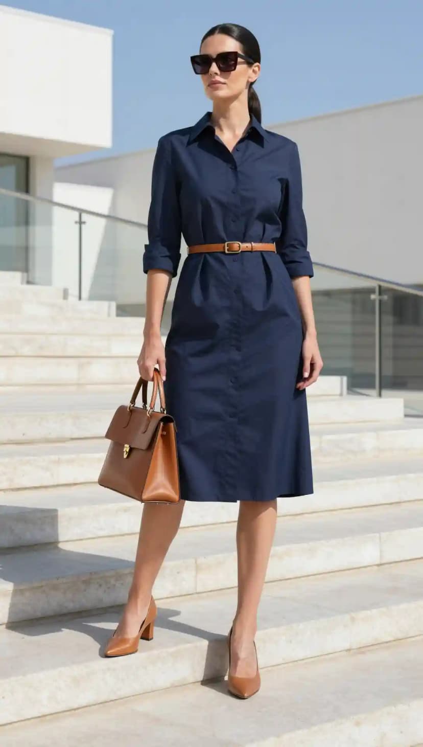 Navy Cotton Shirt Dress + Brown Leather Belt + Brown Leather Pumps
