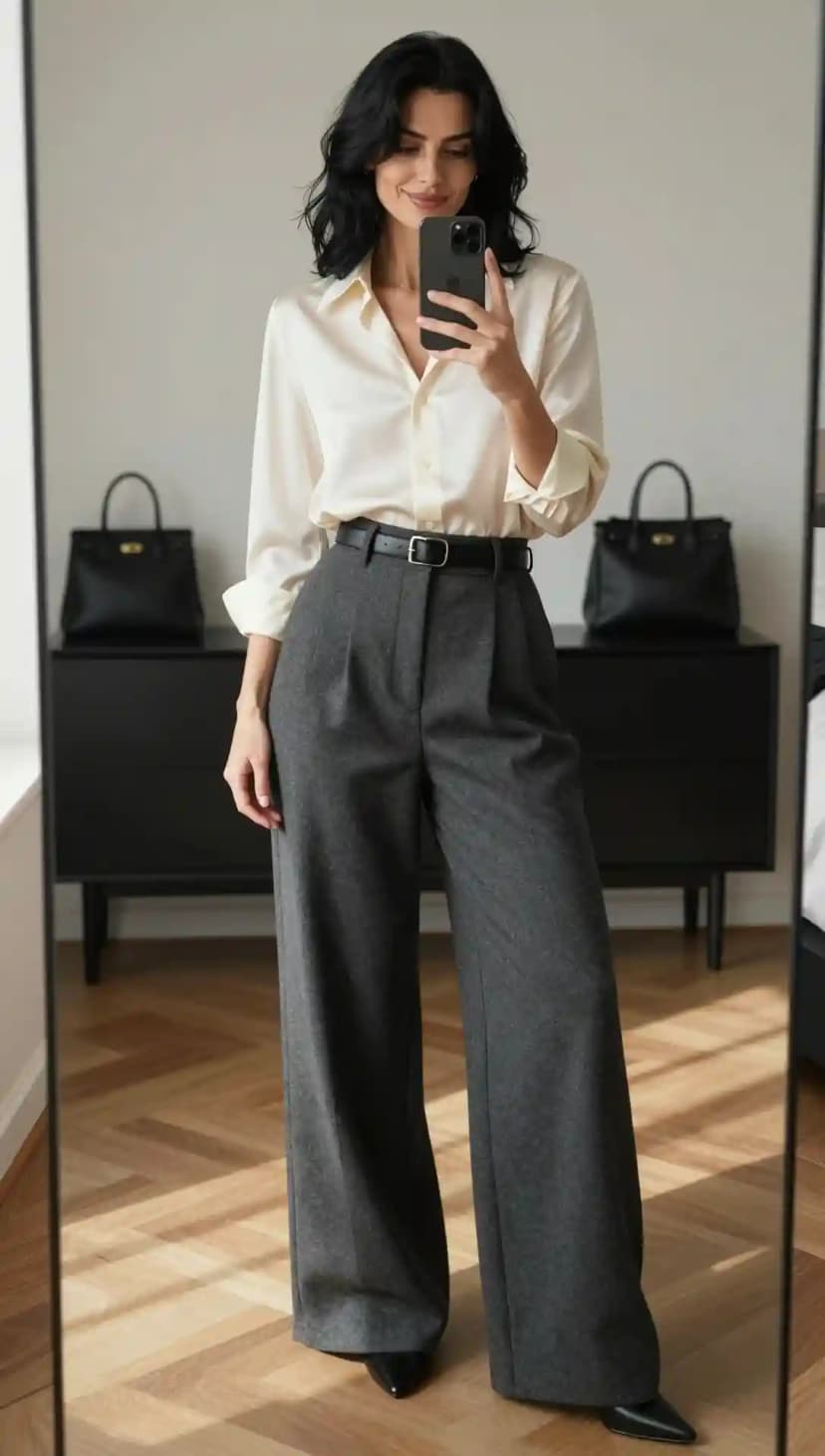 Ivory Silk Button-Up Shirt + Charcoal Wool Wide-Leg Trousers + Black Leather Belt