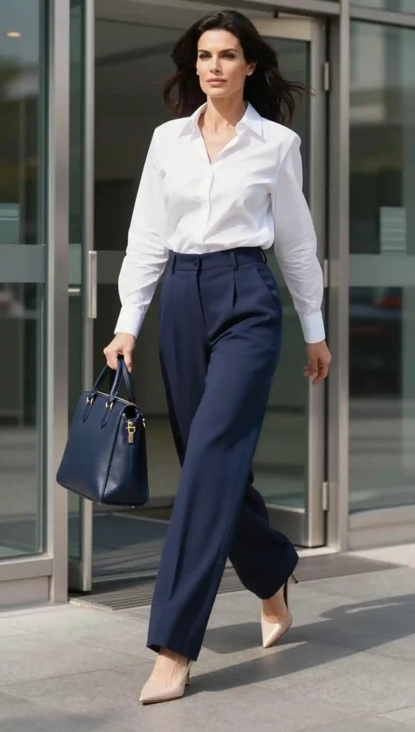 White Poplin Button-Up Shirt + Navy Wool Trousers