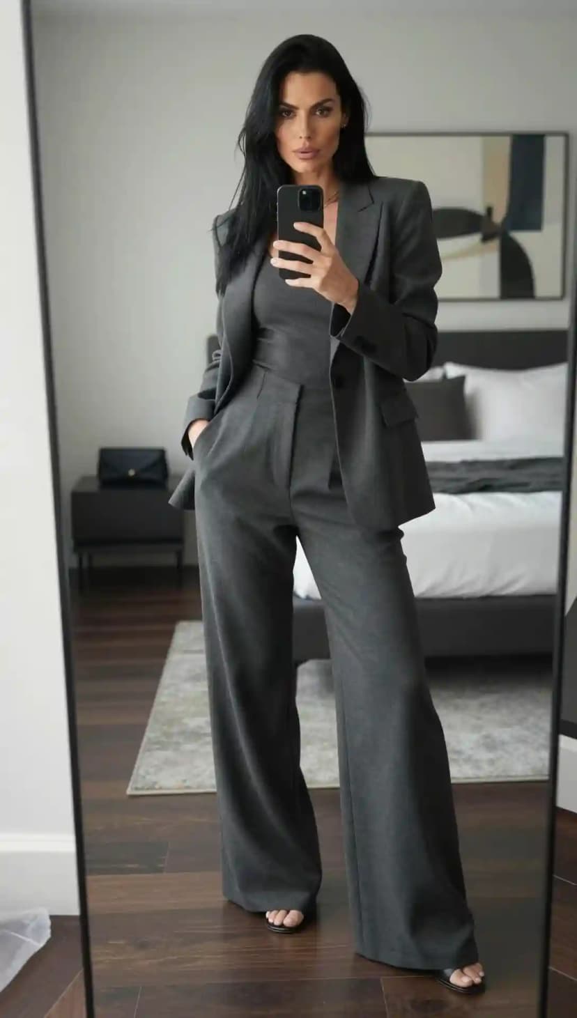 Grey Wool Blazer + Grey Wool Wide-Leg Trousers + Grey Wool Bodysuit