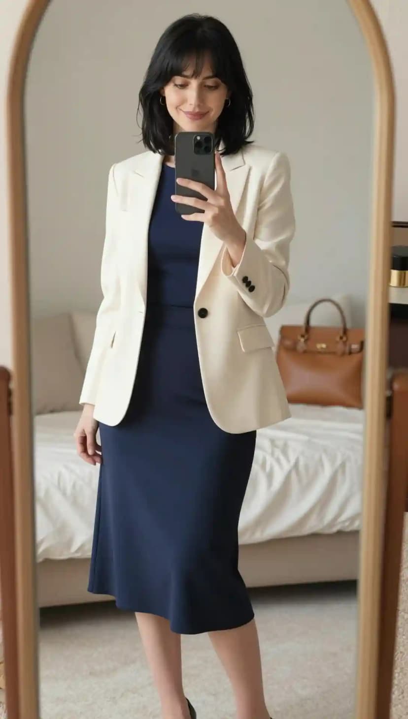 Cream Wool Blazer + Navy Jersey Sheath Dress