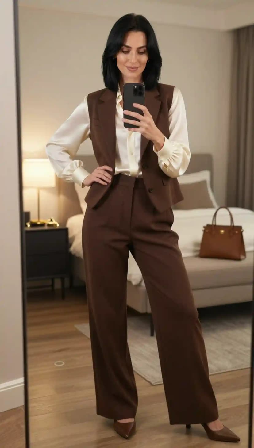 Cream Satin Blouse + Structured Brown Wool Vest & matching Trousers