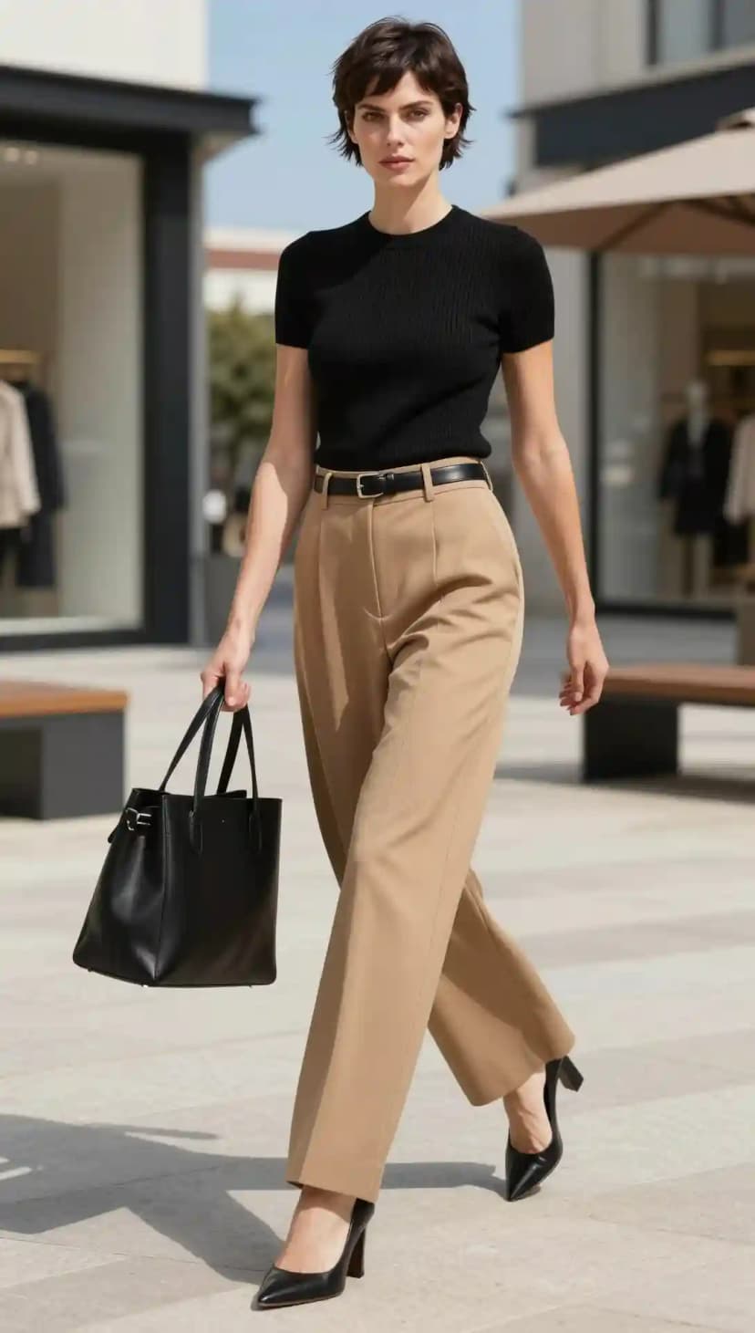 Fine Black Ribbed Short-Sleeve Top + High-Waisted Tan Wide-Leg Trousers