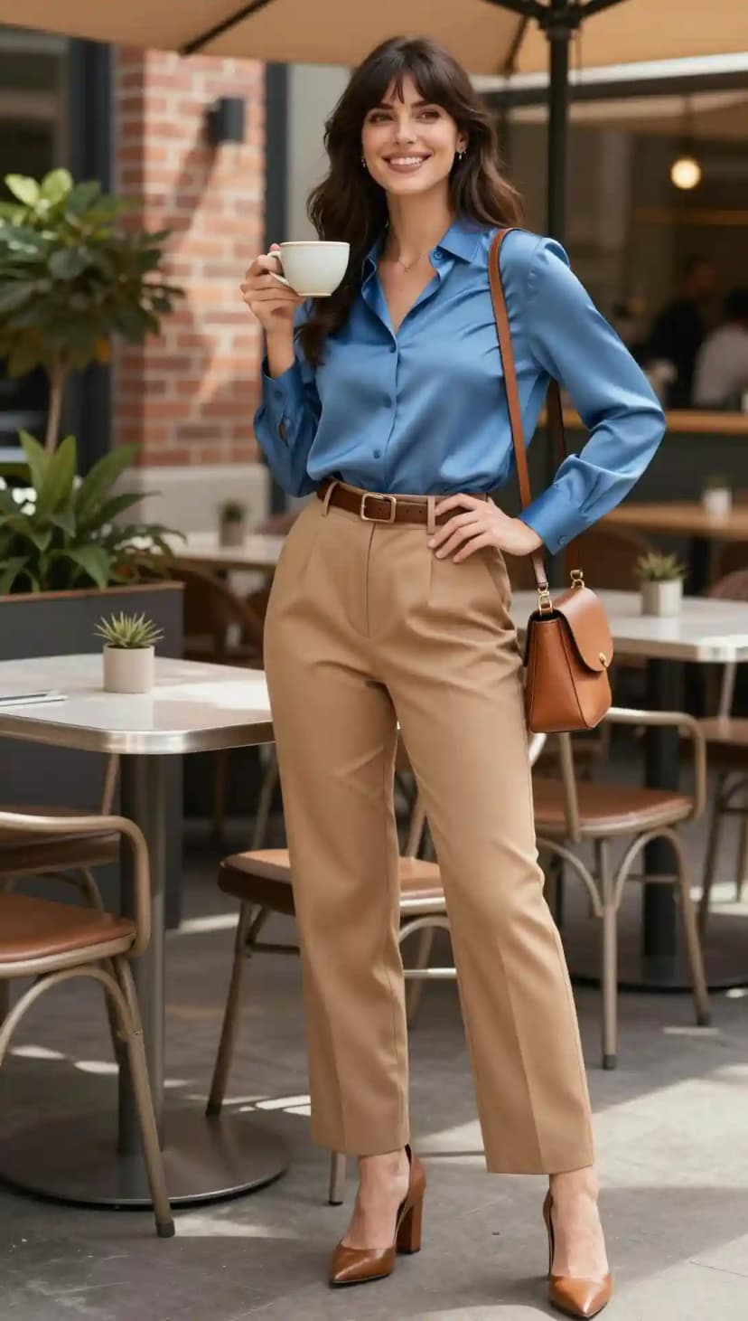 Fluid Light Blue Silk Button-Up Blouse + High-Waisted Camel Trousers