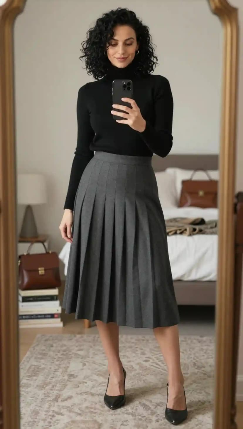 Snug Black Ribbed Knit Turtleneck + Structured Grey Wool Pleated Midi Skirt
