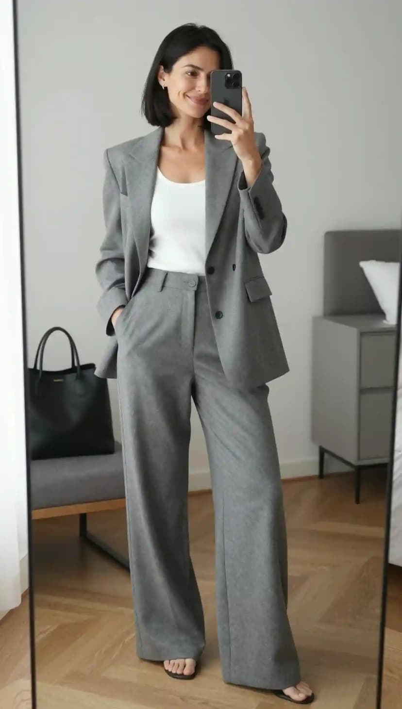 Structured Grey Double-Breasted Blazer & matching Wide-Leg Trousers