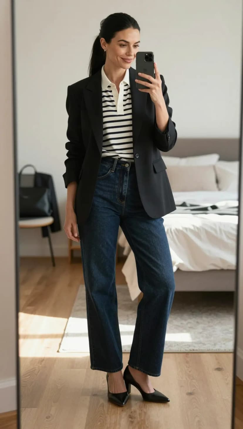Black Wool Blazer + White Cotton Polo Shirt + Dark Wash Denim Jeans