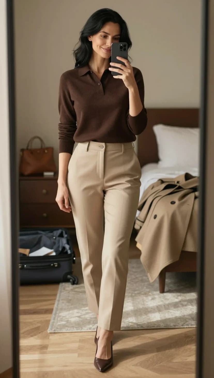 Brown Knit Polo + Beige Tailored Trousers