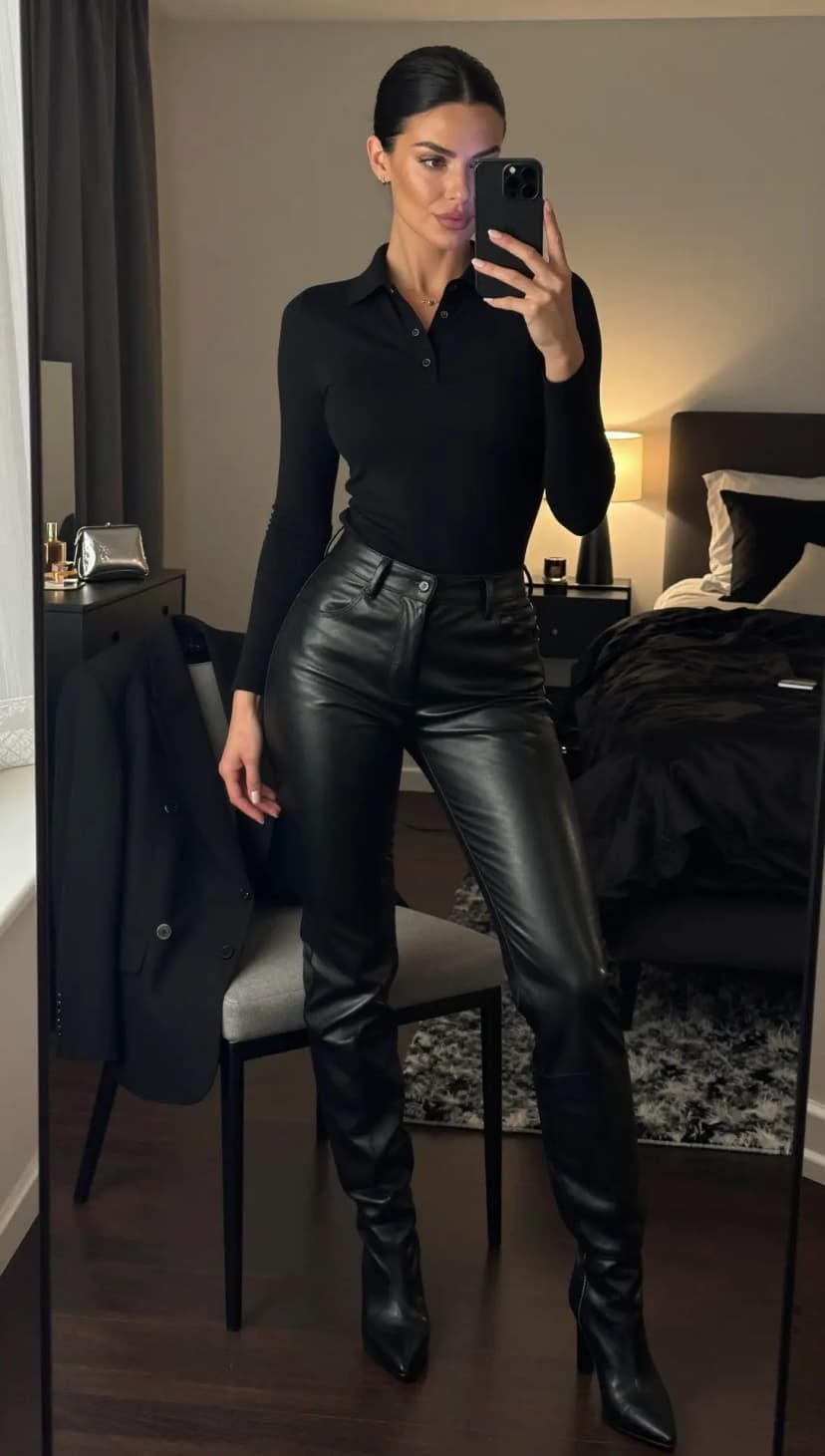 Black Ribbed Knit Polo Top + Black Faux Leather Trousers + Black Leather Knee-High Boots