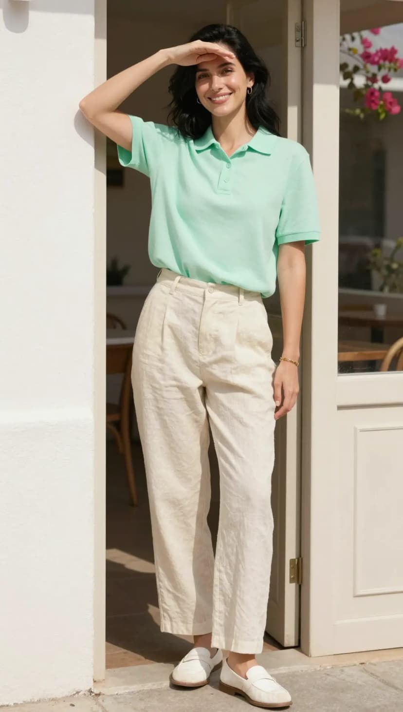 Mint Cotton Knit Polo + Cream Linen Trousers + White Leather Loafers